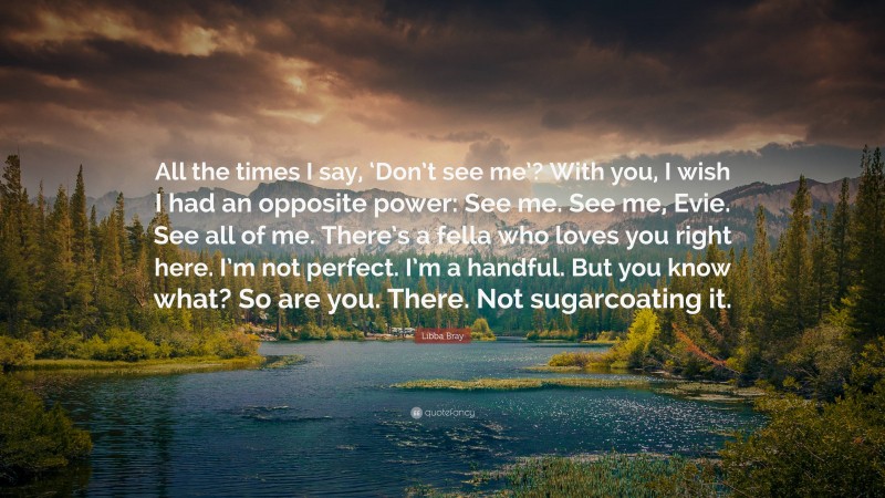 Libba Bray Quote: “All the times I say, ‘Don’t see me’? With you, I wish I had an opposite power: See me. See me, Evie. See all of me. There’s a fella who loves you right here. I’m not perfect. I’m a handful. But you know what? So are you. There. Not sugarcoating it.”