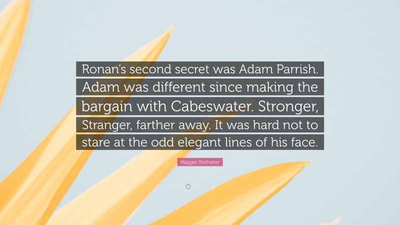 Maggie Stiefvater Quote: “Ronan’s second secret was Adam Parrish. Adam was different since making the bargain with Cabeswater. Stronger, Stranger, farther away. It was hard not to stare at the odd elegant lines of his face.”