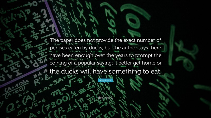 Mary Roach Quote: “The paper does not provide the exact number of penises eaten by ducks, but the author says there have been enough over the years to prompt the coining of a popular saying: ‘I better get home or the ducks will have something to eat.”