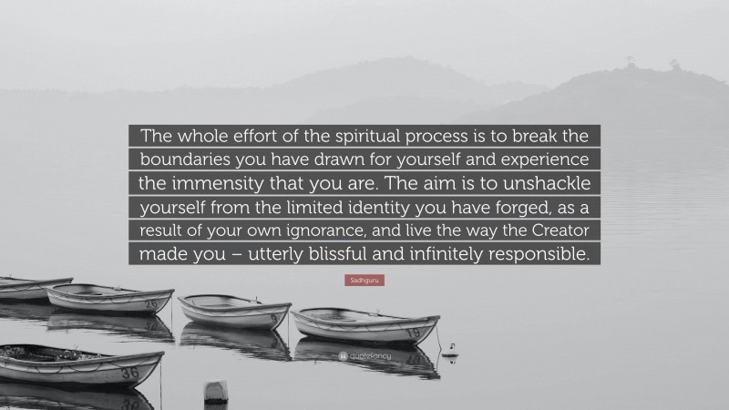 Sadhguru Quote: “The whole effort of the spiritual process is to break the boundaries you have drawn for yourself and experience the immensity that you are. The aim is to unshackle yourself from the limited identity you have forged, as a result of your own ignorance, and live the way the Creator made you – utterly blissful and infinitely responsible.”