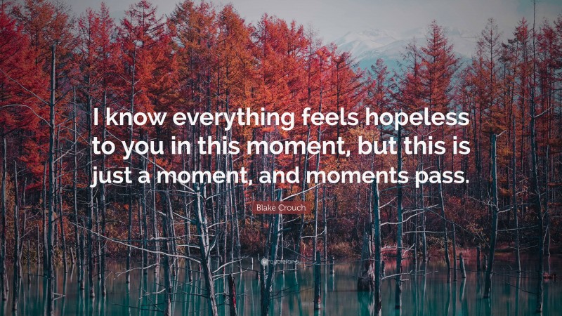 Blake Crouch Quote: “I know everything feels hopeless to you in this moment, but this is just a moment, and moments pass.”