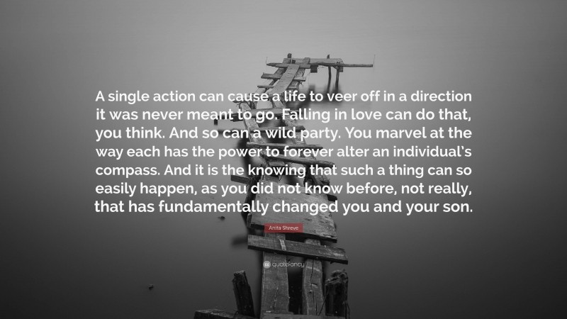 Anita Shreve Quote: “A single action can cause a life to veer off in a direction it was never meant to go. Falling in love can do that, you think. And so can a wild party. You marvel at the way each has the power to forever alter an individual’s compass. And it is the knowing that such a thing can so easily happen, as you did not know before, not really, that has fundamentally changed you and your son.”