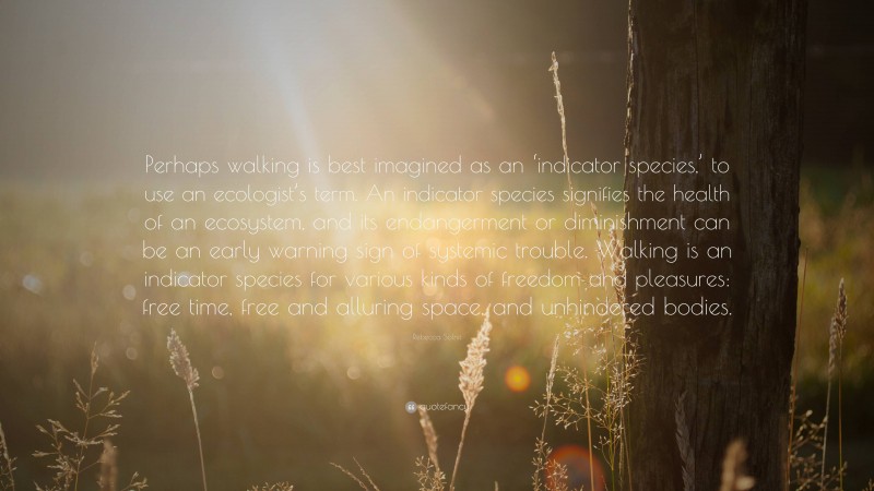 Rebecca Solnit Quote: “Perhaps walking is best imagined as an ‘indicator species,’ to use an ecologist’s term. An indicator species signifies the health of an ecosystem, and its endangerment or diminishment can be an early warning sign of systemic trouble. Walking is an indicator species for various kinds of freedom and pleasures: free time, free and alluring space, and unhindered bodies.”