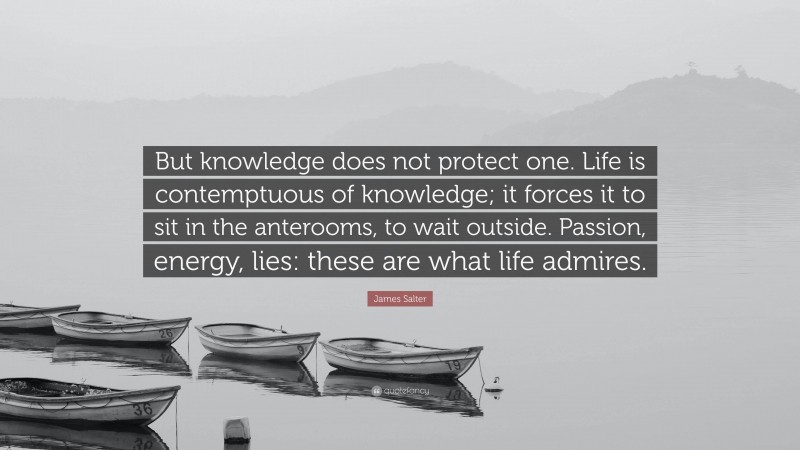 James Salter Quote: “But knowledge does not protect one. Life is contemptuous of knowledge; it forces it to sit in the anterooms, to wait outside. Passion, energy, lies: these are what life admires.”
