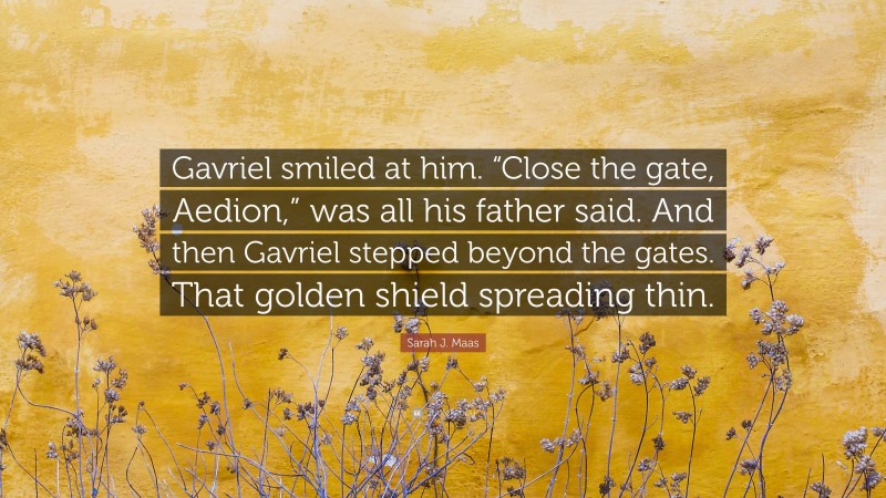 Sarah J. Maas Quote: “Gavriel smiled at him. “Close the gate, Aedion,” was all his father said. And then Gavriel stepped beyond the gates. That golden shield spreading thin.”