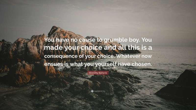 Anthony Burgess Quote: “You have no cause to grumble boy. You made your choice and all this is a consequence of your choice. Whatever now ensues is what you yourself have chosen.”