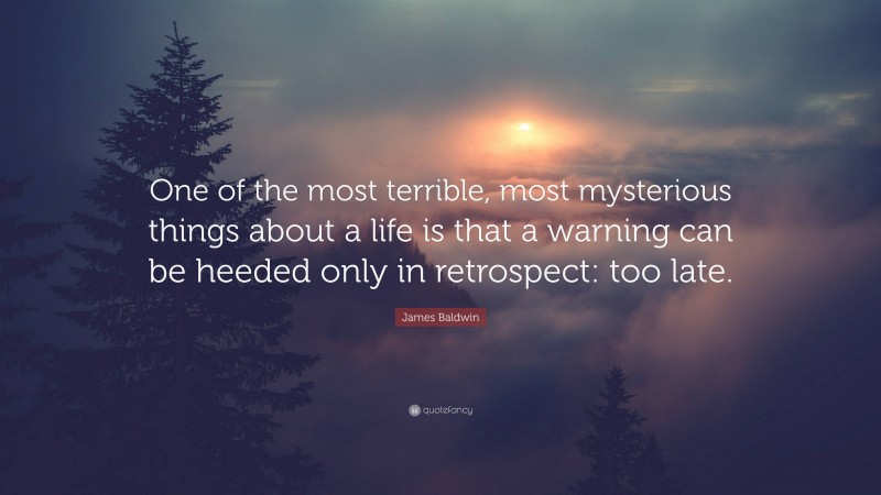 James Baldwin Quote: “One of the most terrible, most mysterious things about a life is that a warning can be heeded only in retrospect: too late.”