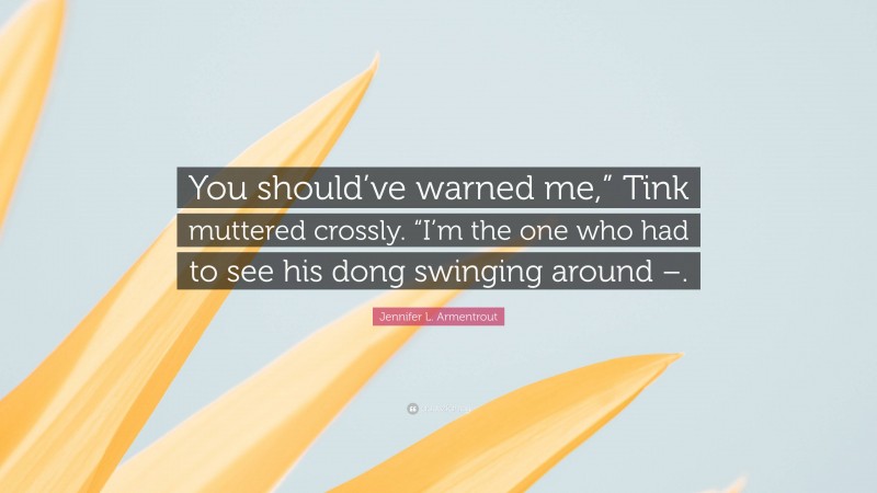 Jennifer L. Armentrout Quote: “You should’ve warned me,” Tink muttered crossly. “I’m the one who had to see his dong swinging around –.”