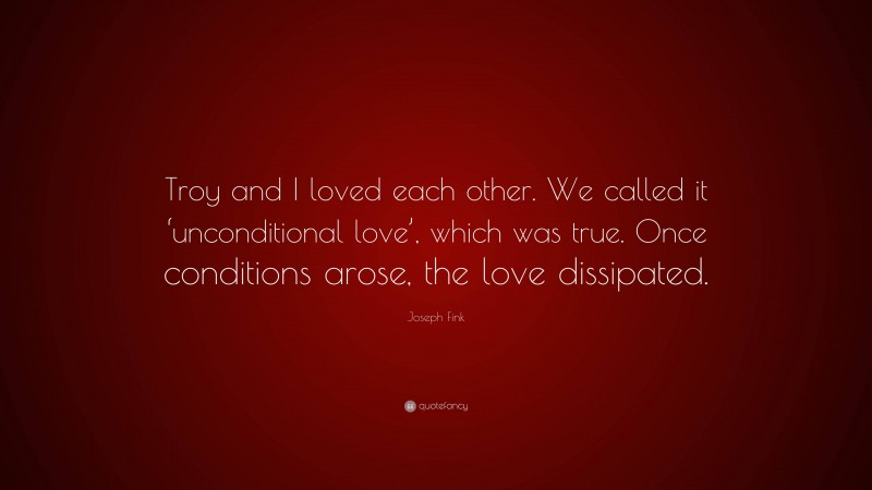 Joseph Fink Quote: “Troy and I loved each other. We called it ‘unconditional love’, which was true. Once conditions arose, the love dissipated.”