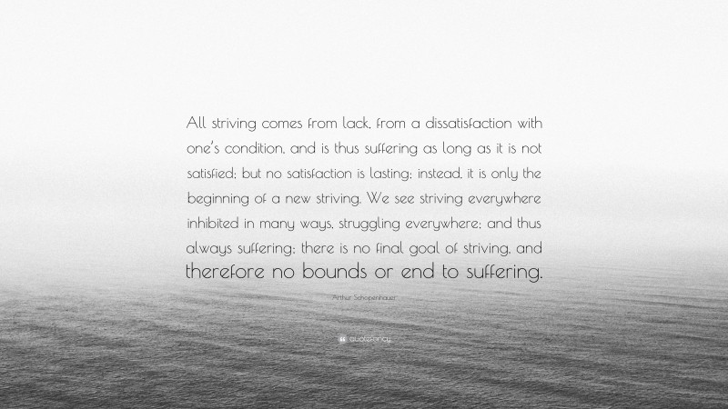 Arthur Schopenhauer Quote: “All striving comes from lack, from a dissatisfaction with one’s condition, and is thus suffering as long as it is not satisfied; but no satisfaction is lasting; instead, it is only the beginning of a new striving. We see striving everywhere inhibited in many ways, struggling everywhere; and thus always suffering; there is no final goal of striving, and therefore no bounds or end to suffering.”