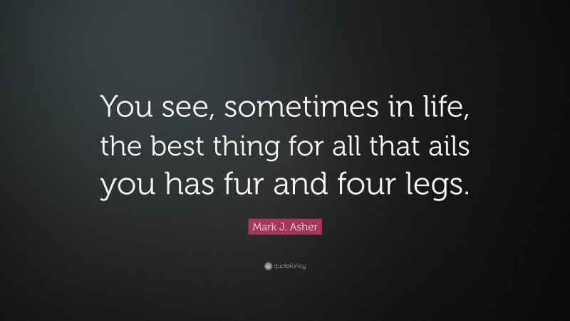 Mark J. Asher Quote: “You see, sometimes in life, the best thing for all that ails you has fur and four legs.”