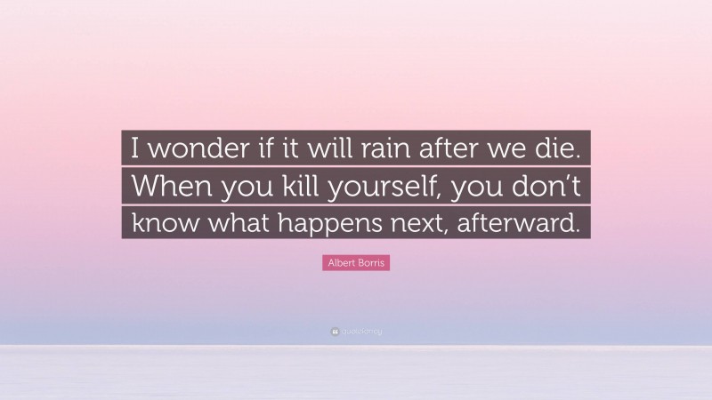 Albert Borris Quote: “I wonder if it will rain after we die. When you kill yourself, you don’t know what happens next, afterward.”