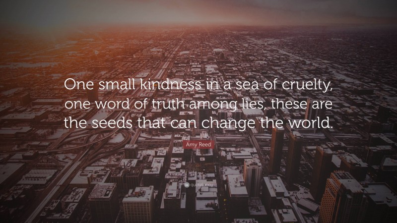 Amy Reed Quote: “One small kindness in a sea of cruelty, one word of truth among lies, these are the seeds that can change the world.”