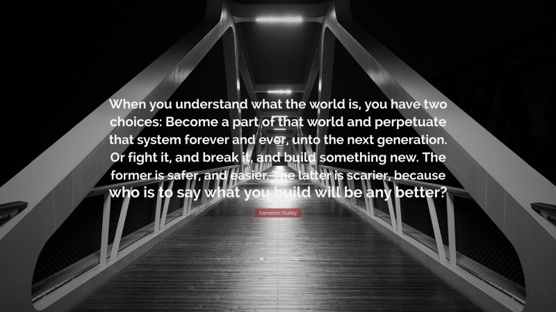 Kameron Hurley Quote: “When you understand what the world is, you have two choices: Become a part of that world and perpetuate that system forever and ever, unto the next generation. Or fight it, and break it, and build something new. The former is safer, and easier. The latter is scarier, because who is to say what you build will be any better?”