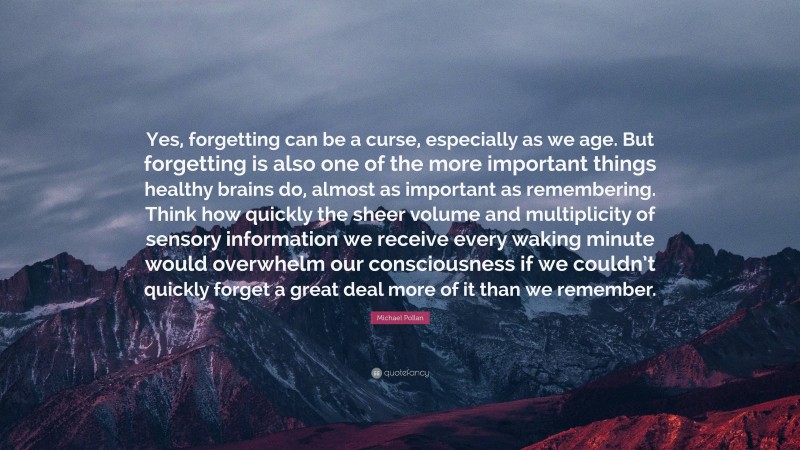 Michael Pollan Quote: “Yes, forgetting can be a curse, especially as we age. But forgetting is also one of the more important things healthy brains do, almost as important as remembering. Think how quickly the sheer volume and multiplicity of sensory information we receive every waking minute would overwhelm our consciousness if we couldn’t quickly forget a great deal more of it than we remember.”