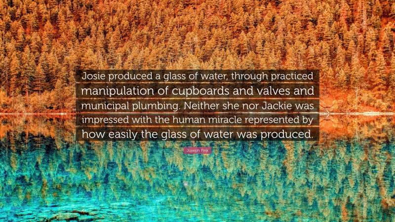 Joseph Fink Quote: “Josie produced a glass of water, through practiced manipulation of cupboards and valves and municipal plumbing. Neither she nor Jackie was impressed with the human miracle represented by how easily the glass of water was produced.”