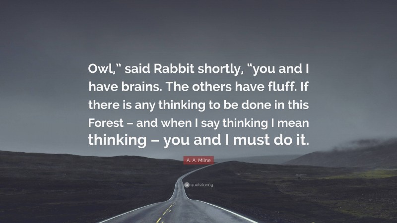 A. A. Milne Quote: “Owl,” said Rabbit shortly, “you and I have brains. The others have fluff. If there is any thinking to be done in this Forest – and when I say thinking I mean thinking – you and I must do it.”