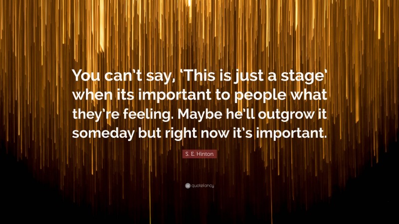 S. E. Hinton Quote: “You can’t say, ‘This is just a stage’ when its important to people what they’re feeling. Maybe he’ll outgrow it someday but right now it’s important.”