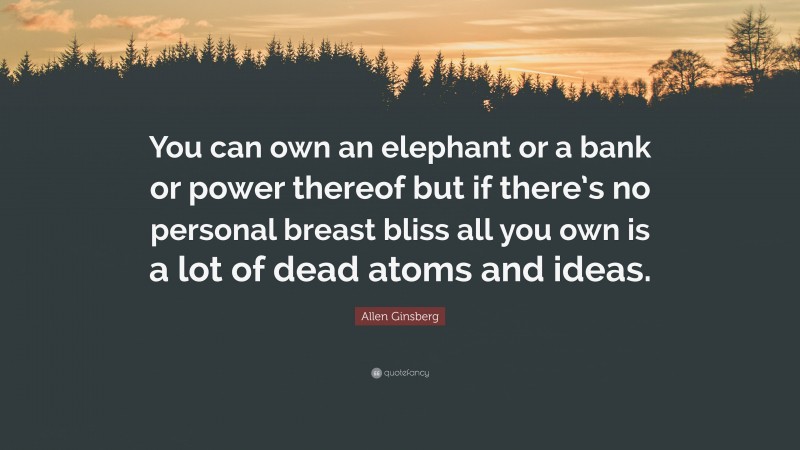 Allen Ginsberg Quote: “You can own an elephant or a bank or power thereof but if there’s no personal breast bliss all you own is a lot of dead atoms and ideas.”