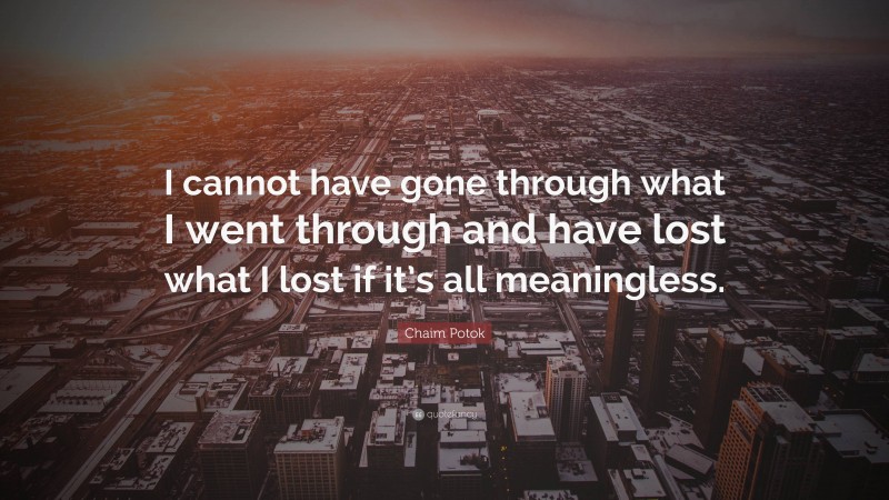 Chaim Potok Quote: “I cannot have gone through what I went through and have lost what I lost if it’s all meaningless.”
