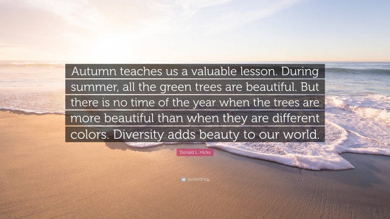 Donald L. Hicks Quote: “Autumn teaches us a valuable lesson. During summer, all the green trees are beautiful. But there is no time of the year when the trees are more beautiful than when they are different colors. Diversity adds beauty to our world.”