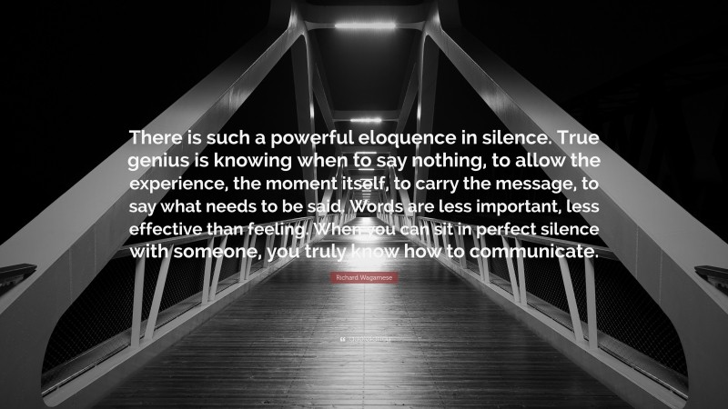 Richard Wagamese Quote: “There is such a powerful eloquence in silence. True genius is knowing when to say nothing, to allow the experience, the moment itself, to carry the message, to say what needs to be said. Words are less important, less effective than feeling. When you can sit in perfect silence with someone, you truly know how to communicate.”