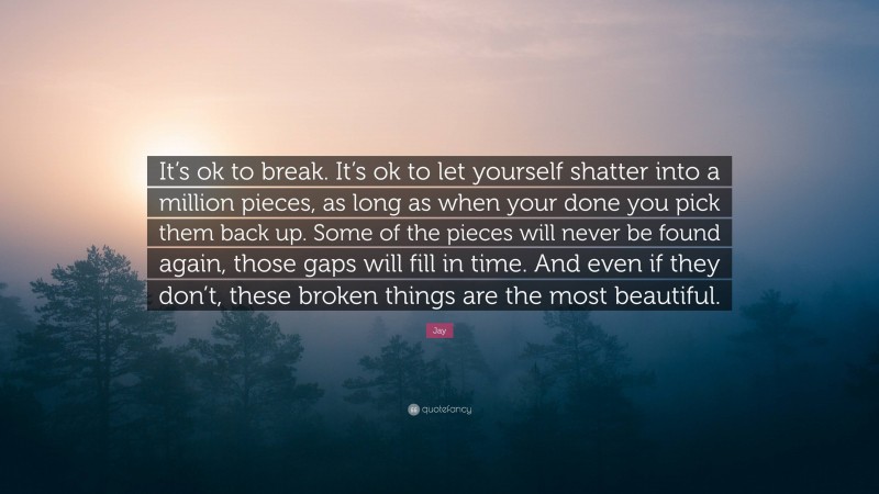 Jay Quote: “It’s ok to break. It’s ok to let yourself shatter into a million pieces, as long as when your done you pick them back up. Some of the pieces will never be found again, those gaps will fill in time. And even if they don’t, these broken things are the most beautiful.”
