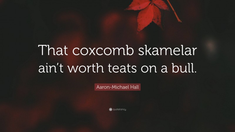 Aaron-Michael Hall Quote: “That coxcomb skamelar ain’t worth teats on a bull.”