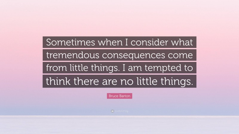 Bruce Barton Quote: “Sometimes when I consider what tremendous consequences come from little things. I am tempted to think there are no little things.”