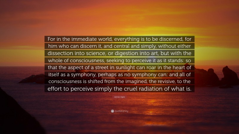 James Agee Quote: “For in the immediate world, everything is to be discerned, for him who can discern it, and central and simply, without either dissection into science, or digestion into art, but with the whole of consciousness, seeking to perceive it as it stands: so that the aspect of a street in sunlight can roar in the heart of itself as a symphony, perhaps as no symphony can: and all of consciousness is shifted from the imagined, the revisive, to the effort to perceive simply the cruel radiation of what is.”