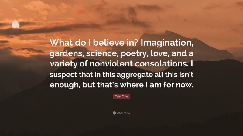 Teju Cole Quote: “What do I believe in? Imagination, gardens, science, poetry, love, and a variety of nonviolent consolations. I suspect that in this aggregate all this isn’t enough, but that’s where I am for now.”