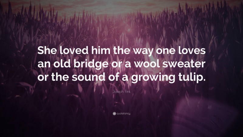 Joseph Fink Quote: “She loved him the way one loves an old bridge or a wool sweater or the sound of a growing tulip.”