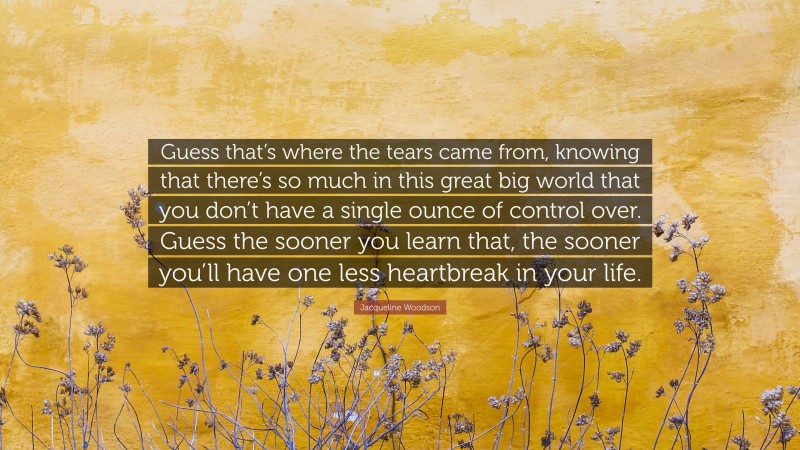 Jacqueline Woodson Quote: “Guess that’s where the tears came from, knowing that there’s so much in this great big world that you don’t have a single ounce of control over. Guess the sooner you learn that, the sooner you’ll have one less heartbreak in your life.”