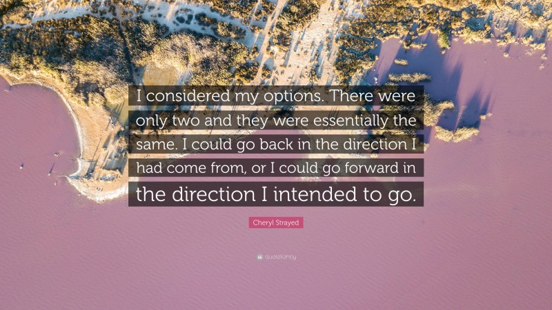 Cheryl Strayed Quote: “I considered my options. There were only two and they were essentially the same. I could go back in the direction I had come from, or I could go forward in the direction I intended to go.”