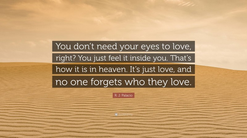 R. J. Palacio Quote: “You don’t need your eyes to love, right? You just feel it inside you. That’s how it is in heaven. It’s just love, and no one forgets who they love.”