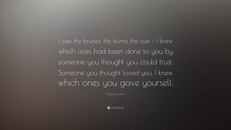 Abby Norman Quote: “I saw the bruises, the burns, the cuts – I knew which ones had been done to you by someone you thought you could trust. Someone you thought loved you. I knew which ones you gave yourself.”