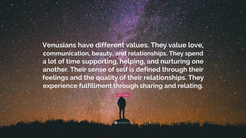 John Gray Quote: “Venusians have different values. They value love, communication, beauty, and relationships. They spend a lot of time supporting, helping, and nurturing one another. Their sense of self is defined through their feelings and the quality of their relationships. They experience fulfillment through sharing and relating.”