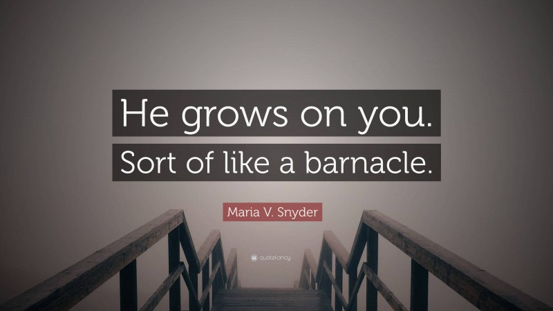 Maria V. Snyder Quote: “He grows on you. Sort of like a barnacle.”