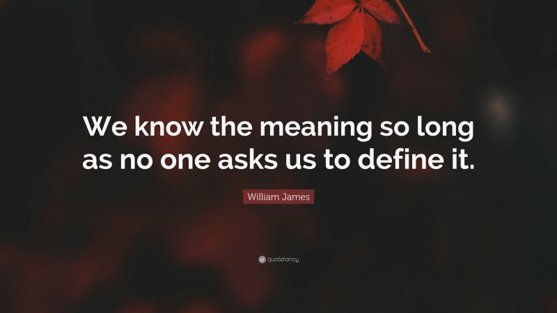 William James Quote: “We know the meaning so long as no one asks us to define it.”