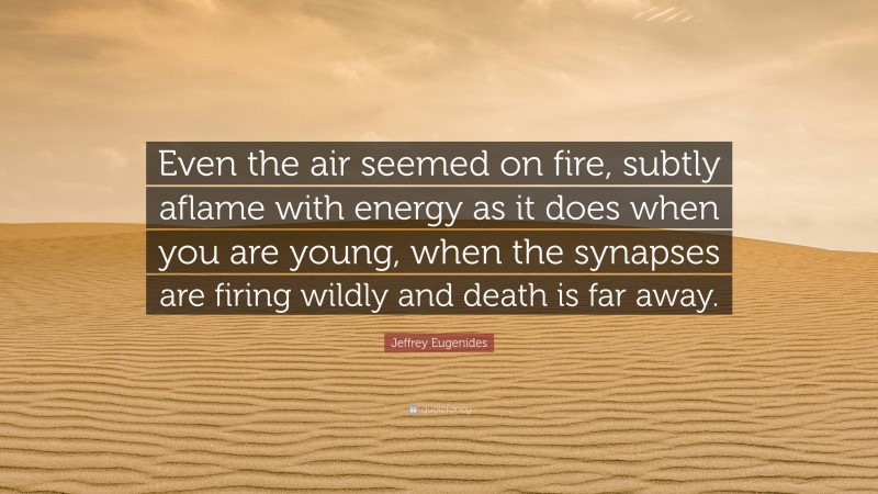 Jeffrey Eugenides Quote: “Even the air seemed on fire, subtly aflame with energy as it does when you are young, when the synapses are firing wildly and death is far away.”