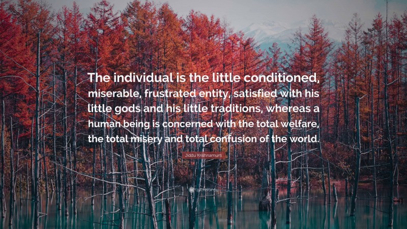 Jiddu Krishnamurti Quote: “The individual is the little conditioned, miserable, frustrated entity, satisfied with his little gods and his little traditions, whereas a human being is concerned with the total welfare, the total misery and total confusion of the world.”