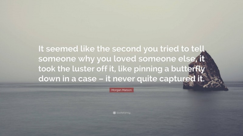 Morgan Matson Quote: “It seemed like the second you tried to tell someone why you loved someone else, it took the luster off it, like pinning a butterfly down in a case – it never quite captured it.”