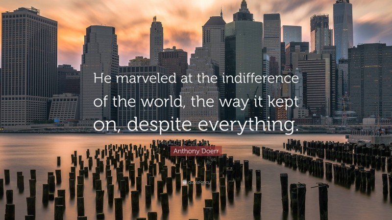 Anthony Doerr Quote: “He marveled at the indifference of the world, the way it kept on, despite everything.”