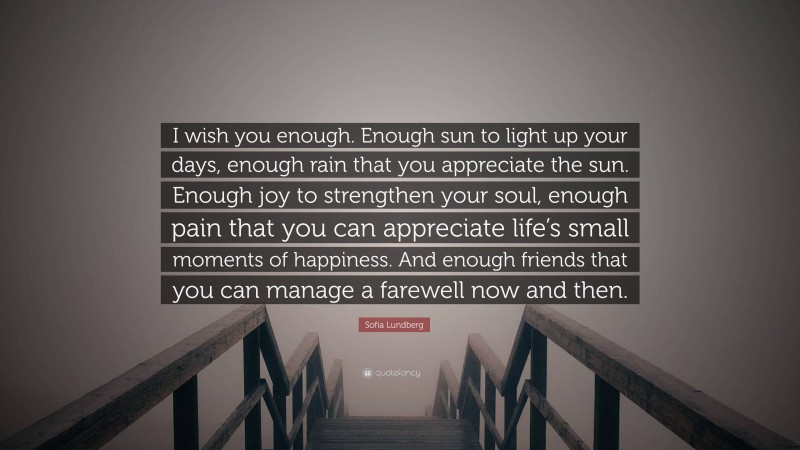 Sofia Lundberg Quote: “I wish you enough. Enough sun to light up your days, enough rain that you appreciate the sun. Enough joy to strengthen your soul, enough pain that you can appreciate life’s small moments of happiness. And enough friends that you can manage a farewell now and then.”