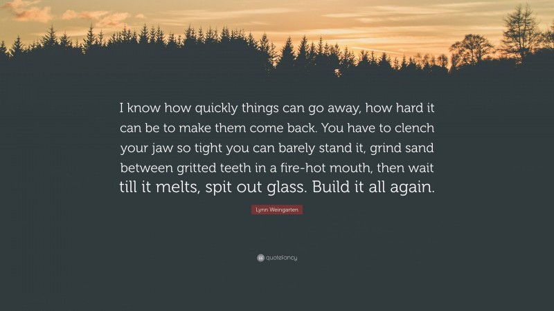 Lynn Weingarten Quote: “I know how quickly things can go away, how hard it can be to make them come back. You have to clench your jaw so tight you can barely stand it, grind sand between gritted teeth in a fire-hot mouth, then wait till it melts, spit out glass. Build it all again.”