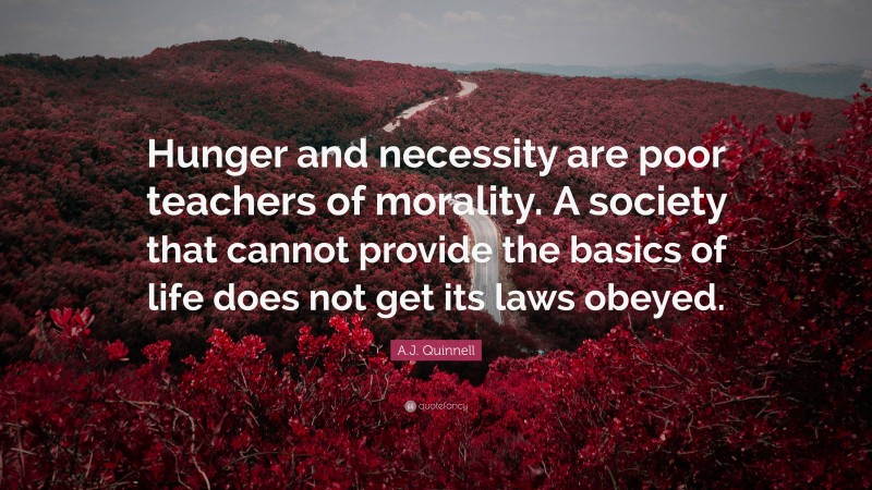 A.J. Quinnell Quote: “Hunger and necessity are poor teachers of morality. A society that cannot provide the basics of life does not get its laws obeyed.”