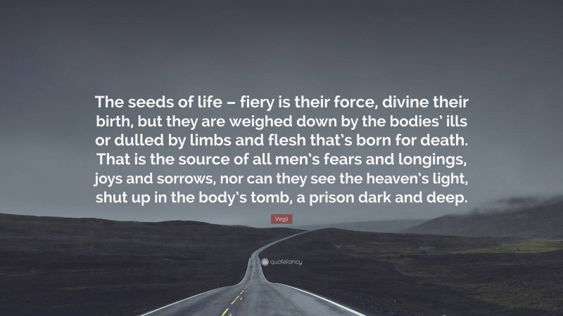 Virgil Quote: “The seeds of life – fiery is their force, divine their birth, but they are weighed down by the bodies’ ills or dulled by limbs and flesh that’s born for death. That is the source of all men’s fears and longings, joys and sorrows, nor can they see the heaven’s light, shut up in the body’s tomb, a prison dark and deep.”