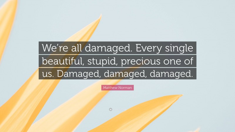 Matthew Norman Quote: “We’re all damaged. Every single beautiful, stupid, precious one of us. Damaged, damaged, damaged.”