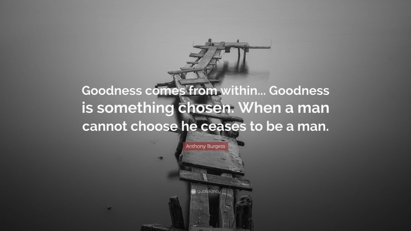 Anthony Burgess Quote: “Goodness comes from within... Goodness is something chosen. When a man cannot choose he ceases to be a man.”