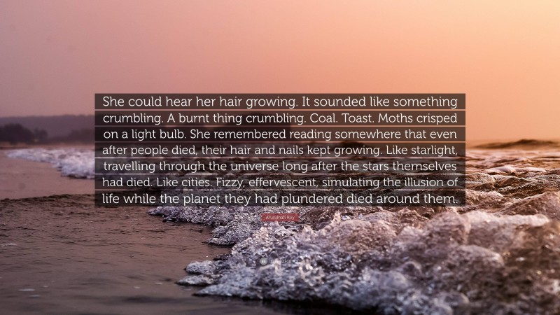 Arundhati Roy Quote: “She could hear her hair growing. It sounded like something crumbling. A burnt thing crumbling. Coal. Toast. Moths crisped on a light bulb. She remembered reading somewhere that even after people died, their hair and nails kept growing. Like starlight, travelling through the universe long after the stars themselves had died. Like cities. Fizzy, effervescent, simulating the illusion of life while the planet they had plundered died around them.”